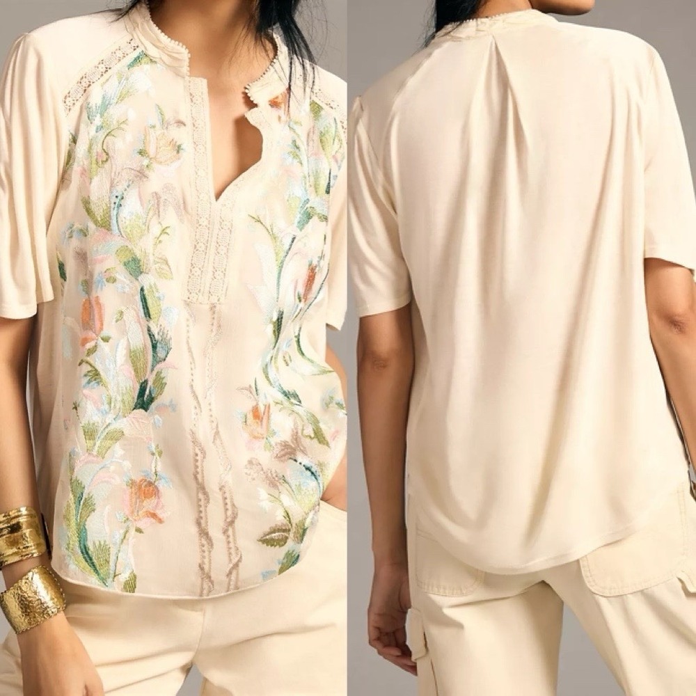 Anthropologie Tiny Eliana Embroidered Top Blouse Ivory Sz M Boho Cottagecore